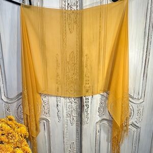 Elegant Gold Embroidered and Beaded Mustard Color Sheer Rectangle Scarf